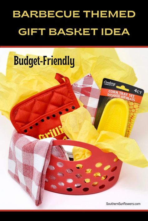 This barbecue themed gift basket is a budget-friendly idea for gift giving. Find several ideas for inexpensive items to include in your basket. Southern Sunflowers Bbq Gift Basket Ideas, Theme Basket Ideas, Bbq Gift Basket, Theme Gift Ideas, Diy Barbecue, Theme Baskets, Bbq Theme, Themed Gift Ideas, Raffle Basket