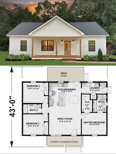 American House Design, Small Cottage House, Cottage Style Interiors, Three Bedroom House Plan, Small Cottage House Plans, American House Plans, Modern Bungalow House, House Floor Design, Small House Floor Plans