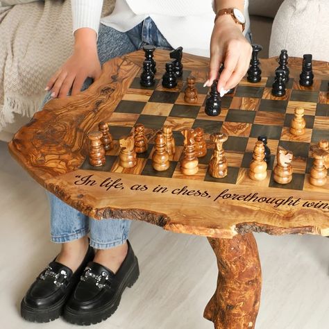 Olive Wood Chess Table Handmade With Natural Edges Wooden Chess Set Table Chess Board Table FREE Personalization Wood Beeswax - Etsy Chess Board Table, Wood Chess Board, Natural Edges, Chess Boards, Board Table, Chess Table, Wood Chess, Table Handmade, Set Table