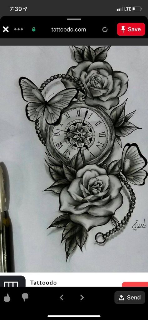 Clock Tattoo Sleeve, Clock And Rose Tattoo, Watch Tattoo Design, Rose And Butterfly Tattoo, Pocket Watch Tattoos, Mom Tattoo Designs, Clock Tattoo Design, Tattoos For Women Half Sleeve, Lost 100 Pounds