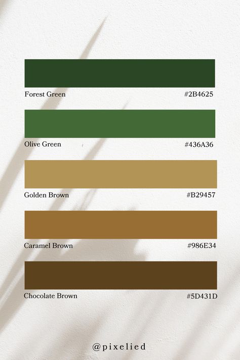 This green and brown color palette features a harmonious blend of nature-inspired hues. It transitions from deep forest green and rich olive to warm golden brown and earthy chocolate. This palette is perfect for creating a natural, grounded, and organic feel. Green Earth Color Palette, Forest Green Hex Code, Rich Green Color Palette, Green And Brown Color Palette, Olive Green Color Palette, Khaki Color Palette, Green Hex Code, Color Scheme Generator, Earth Colour Palette