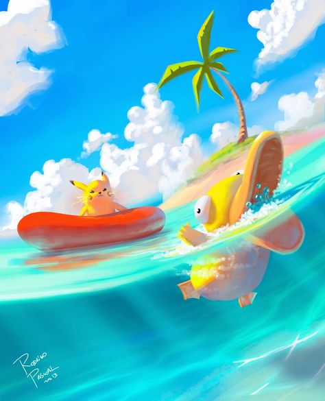 Beach Pokemon, Pokemon Beach, Anime Beach, Beach Cartoon, Beach Drawing, 귀여운 음식 그림, Beach Illustration, Picture Books Illustration, Game Background