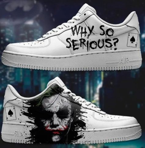 The Joker Why So Serious, Joker Why So Serious, White Air Force Ones, Joker Cards, White Air Forces, Joker Card, All Nike Shoes, Custom Air Force 1, Batman Universe