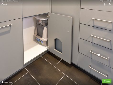 Hidden Laundry Rooms, Cat Litter Cabinet, Hiding Cat Litter Box, Hidden Litter Boxes, Custom Laundry Room, Hidden Laundry, Recessed Panel Cabinets, Laundry Design, Modern Laundry Rooms