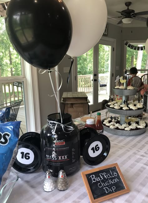 Gym Opening Party, Fitness Party Theme, Fitness Party Theme Decorations, Gym Cake, Grad Party Theme, Graduation Treats, Black And White Balloons, April Birthday, Theme Party Decorations