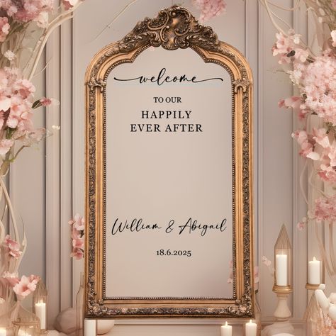 * Vinyl stickers to create your own wedding mirror * Includes the following :  (all sizes are approximate)   -  Welcome - 45cm wide   -  to our Happily Ever After - 30cm max width    -  Names - 45cm max width   -  Date - 13.5cm * If you would like to see how the wording would look on your mirror, please message us with the size of your mirror and we can send a preview.  We cannot be responsible for the vinyls not being the correct size for your mirror if you have not asked for a preview. * For o Writing On Mirror Wedding Diy, Welcome To Our Happily Ever After Sign, Donkey House, Gold Wedding Reception, Wedding Mirror, Cricut Wedding, Beautiful Wedding Decorations, Mirror Decal, Dusty Rose Wedding