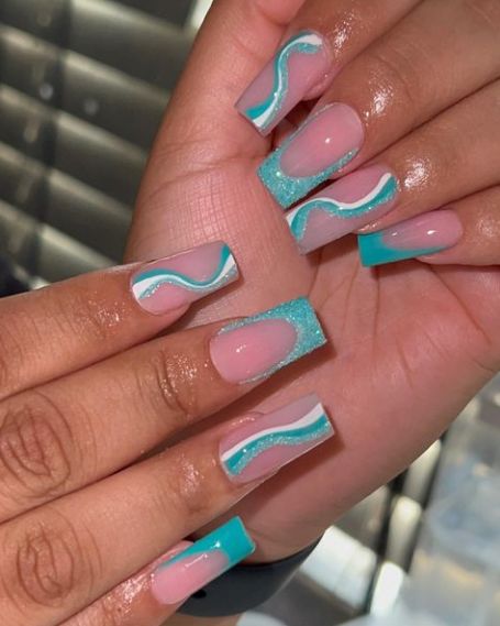 Short Acrylic Nails Turquoise, Aqua Blue Nail Designs, Teal Acrylic Nails Designs, Pale Turquoise Nails, Torquise Nails Turquoise Design, Teal Homecoming Nails, Aqua Blue Nails Turquoise, Tiffany Blue Nails Design Ideas, Turquoise Acrylic Nail Designs