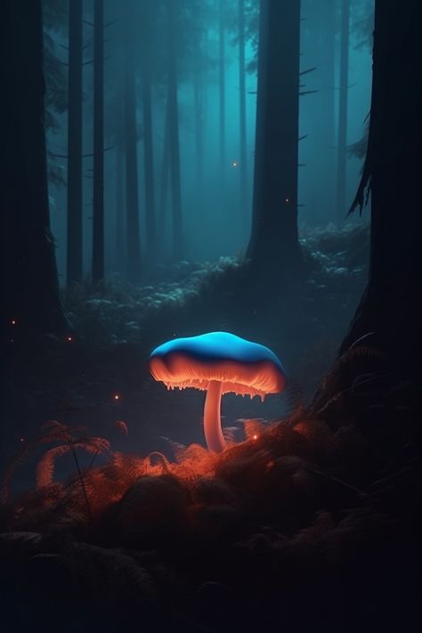 Glow In The Dark Forest, Mushroom Reference, Mushroom Vibes, Trippy Forest, Neon Forest, Neon Mushroom, Uv Party, Cinematic Composition, Glowing Mushrooms