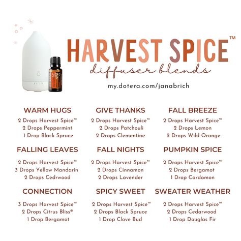 🍂 Embrace the cozy vibes of fall with these Harvest Spice™ diffuser blends! 🍁 Whether you're craving the warmth of "Pumpkin Spice" or the crispness of "Fall Breeze," there's a blend for every autumn moment. 🌾✨ Which one are you diffusing today? 🌟 #HarvestSpice #FallVibes #DiffuserBlends #EssentialOils #CozySeason #PumpkinSpice #AutumnEssentials 🍃🎃 Doterra Blends, Fall Diffuser Blends, Doterra Diffuser, Doterra Diffuser Blends, Essential Oil Combinations, Essential Oil Education, Essential Oil Diffuser Blends Recipes, Be Your Best Self, Essential Oils Guide