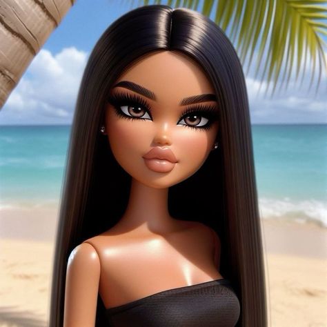 Bratz Doll Yasmin Aesthetic, Baby Bratz, Dark Hair Pale Skin, Bratz Doll Makeup, Addison Cinema, Brown Eyes Black Hair, Black Bratz Doll, Brat Doll, Instagram Cartoon