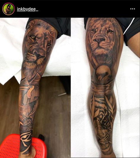 Men’s Top Arm Tattoo, African Inspired Tattoos Men, Men Tattoo Ideas Leg Sleeve, African Forearm Tattoo, Lion Leg Tattoo Men, Half Leg Sleeve Tattoo Calf, African Sleeve Tattoo Men, Leg Sleeve Tattoo Male Design, Full Sleeve Tattoos For Guys Black