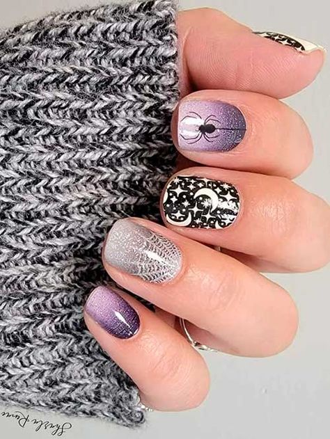 Colorstreet Nail Ideas, Mixed Mani Ideas, Color Street Halloween, Black And Purple Nails, Mani Inspiration, Halloween Nail Colors, Candy Corn Nails, Web Of Lies, Neon Orange Nails