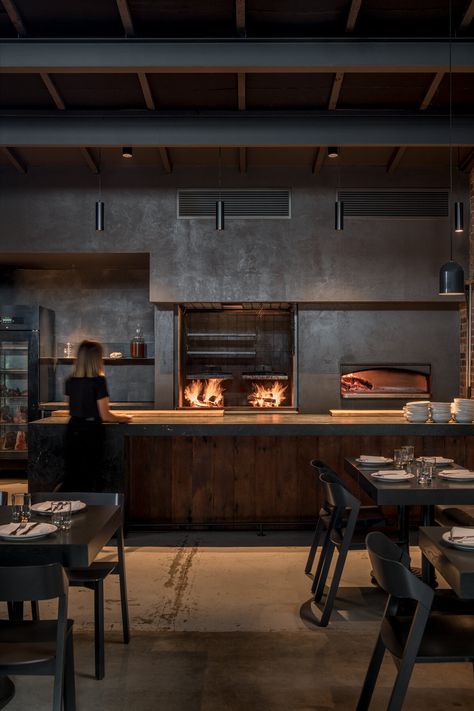 Agnes — Amok Studio Open Fire Kitchen Restaurant, Open Fire Restaurant, Open Fire Kitchen, Open Kitchen Restaurant Design, Grill Restaurant Design, Steakhouse Design, Open Kitchen Restaurant, Wood Fired Cooking, Table D Hote