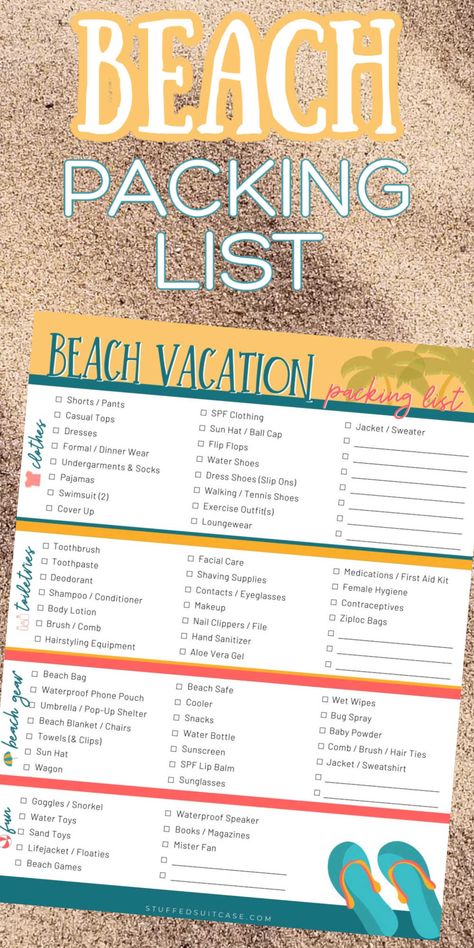 Printable beach packing list of everything you should pack for a beach vacation - including beach gear and fun games for the beach. Plus, an Amazon shopping list for beach essentials. Beach Vacation Packing, Printable Packing List, Beach Vacation Packing List, Vacation Packing List, Beach Packing, Packing List For Vacation, Beach Gear, Vacation Packing, Packing List For Travel