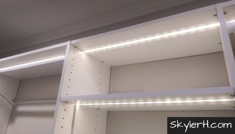 Use LED light strips, LED channel, and cord cover to create an ultra-built-in look for your in-shelf LED lighting. Get a from-the-factory look with DIY tools on a DIY budget.   #ledlighting #diyprojects #diy #ledlights #ledstriplights #homeautomation #homeimprovement #homedecor Closet Strip Lighting, Led Lights In Closet Diy, Modern Closet Lighting, Led Closet Lighting Ideas, Light Up Closet Shelves, Closet Shelf Lighting, Closet Cabinet Lighting, Led Light Closet, Led Lights In Closet