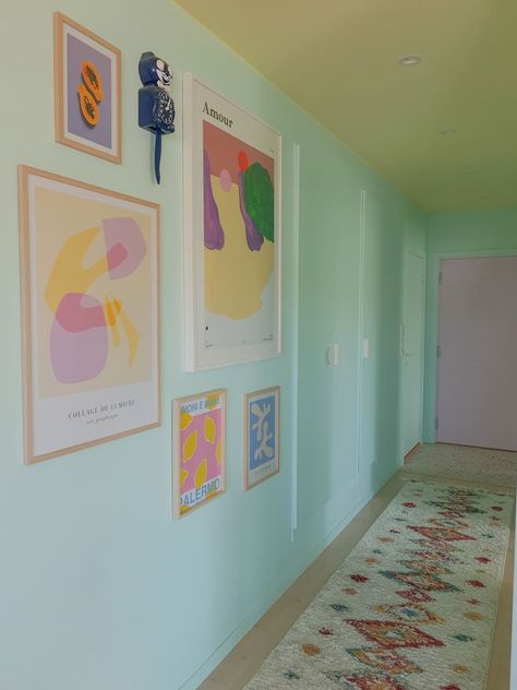 Danish Pastel Hallway, Mint Green Hallway, Teal Hallway, Complimentary Colour Scheme, Pastel Hallway, Colourful Hallway, Small Penthouse, Mint Green Room, Painted Hallway