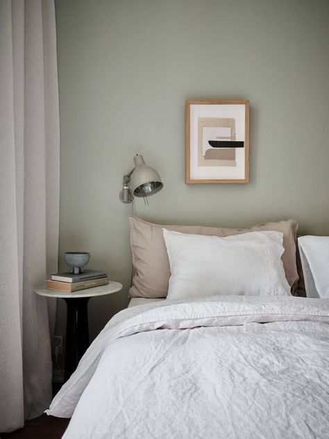 Minty Breeze, Cozy Scandinavian Bedroom, Sage Bedroom, Green Wall Color, Bedroom Nook, Sage Green Bedroom, Scandinavian Bedroom, Bedroom Wall Colors, Beige Sofa