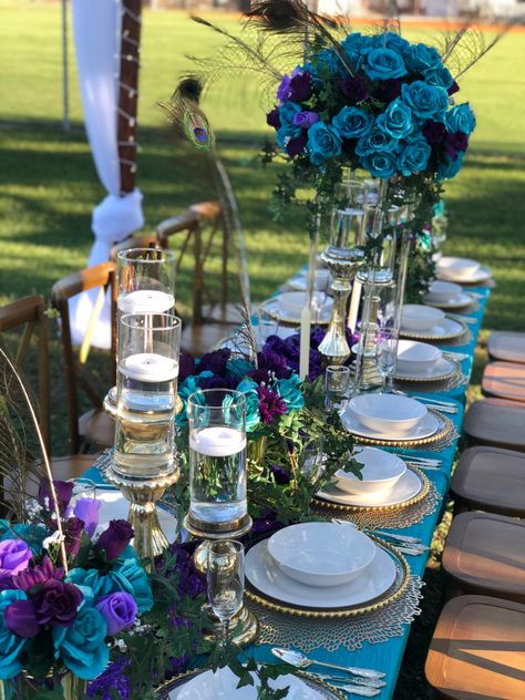 Purple And Blue Engagement Party, Teal And Purple Party Decorations, Purple And Teal Wedding, Teal And Purple Wedding, Teal Centerpieces, Dark Teal Weddings, Purple Party Decorations, Teal Party, Teal Table