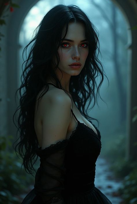 Black Hair Female Character Art, Wolf Character Art, Female Vampire Character Design, Female With Black Hair, Medieval Character Art, Female Vampire Aesthetic, Witch Oc Female, Characters With Black Hair, Women With Black Hair