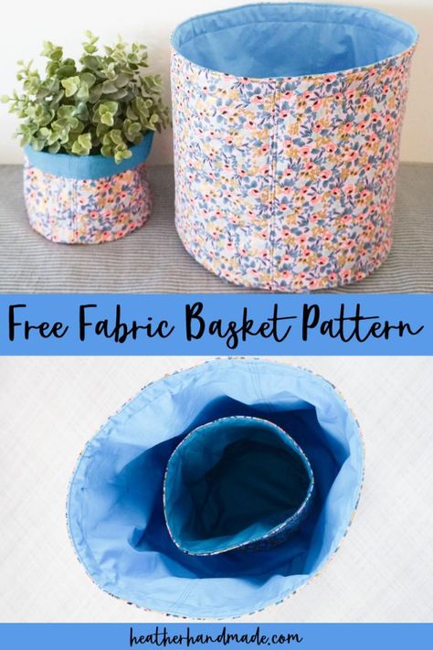 Learn how to make a fabric basket with a free sewing pattern. This beginner sewing project is great for decorating and organizing the home. I made some fabric baskets with pretty fabric, and now I get to see it all the time. I put some faux plants in the smaller basket for a cuter flower pot, and the larger one I use for organizing since it’s the perfect size. Get the free fabric basket pattern at the end of the post, and don’t miss the video that will help you make it! Bucket Sewing Pattern, Fabric Bucket Pattern Free, Fabric Pot Plant Covers, Easy Fabric Basket, How To Make A Fabric Basket, Round Fabric Baskets Diy Free Pattern, Fabric Baskets To Sew Free Pattern, Quilted Baskets Free Pattern, Fabric Baskets Diy Free Pattern