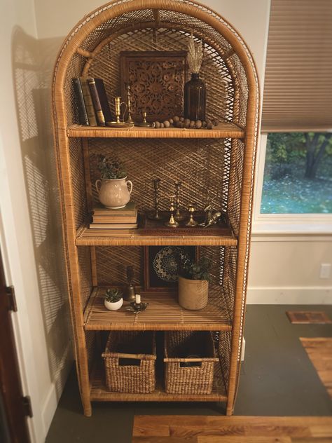 Rattan Shelves Styling, Arched Wicker Shelf, Rattan Shelf Decor, Rattan Shelf Styling, Wicker Shelf Styling, Wicker Shelf Decor, Boho Shelf Styling, Bookshelf Styling Bedroom, Wicker Bookcase