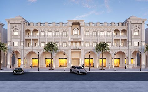 Classical Hotel Elevation, Palace Exterior Design, Rajmahal Palace, Modern Classical Architecture, Hotel Elevation, Classic Landscape, New Classical Architecture, Hotel Facade, Retail Facade