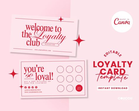 Love the design but need it in another size? Resize your template with this ADD ON listing: https://www.etsy.com/listing/1757710967 This loyalty card template is the perfect solution for businesses looking to reward their loyal customers. Designed with love and attention to detail, this template is fully customizable, allowing you to add your own logo, colors, and text. With its user-friendly format, you can effortlessly create unique and eye-catching loyalty cards that will keep your customers Aesthetic Loyalty Card, Cafe Loyalty Card Design, Referral Card Design, Etsy Listing Template, Scratch Card Design, Note Card Ideas, Customer Loyalty Cards, Loyalty Card Design, Loyalty Card Template