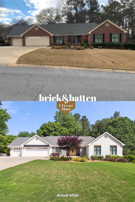 Like many brick&batten clients, Mike B. knew he wanted to renovate his home but wasn’t sure where to begin. Learn how we helped him transform his brick home with exterior paint and other smart design choices and see the process from beginning to end: https://bit.ly/45EhYgE Painted Brick Ranch House, Double Entry Doors Wood, Painted Brick Ranch, Brick Ranch Houses, Ranch Makeover, Board And Batten Exterior, Georgia House, Painted Brick House, White Siding