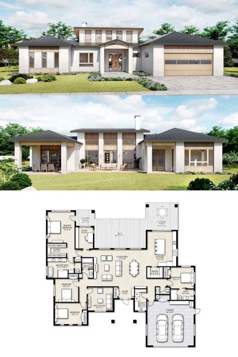 Mid Century Modern House Plans - Truoba Class 421 Mid Century Modern House Plan : Family Space ; This modern house design reflects the needs of contemporary living by giving you a diverse inside layout. House plans like these are divided into several different zones, creating designated spaces for all events and family members. 2 Story U Shaped House Plans, Asian House Design Floor Plans, Large Mid Century House Plans, U Design House, Mid Class House, Mid Century Modern Mansion Floor Plans, Mid Century Modern Floor Plans 4 Bedroom, Modern Home Plans One Story Layout, 4 Bedroom Mid Century House Plans