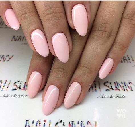 Light Pink Fake Nails, Gel Nails Round Shape, Light Pink Nail Inspo Acrylic, Shell Pink Nails, Pastel Pink Aesthetic Nails, Nail Inspo Almond Pink, Cute Pink Nails Almond, Almond Pink Nails Design, Light Pink Nails Almond