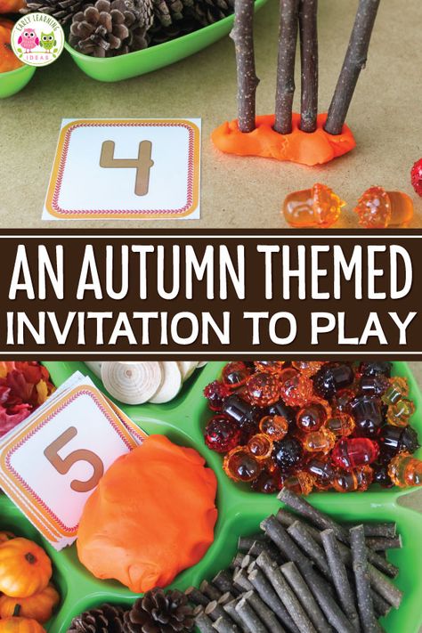 Check out these fun playdough activities for fall.  Find lots of ideas for materials that you can add to an autumn themed invitation to play.  This is a perfect fine motor and sensory activity for your fall theme, harvest theme, or Halloween theme unit and lesson plans in your preschool and pre-k classroom.  Tips for adding math and literacy learning opportunities are included.  Your kids will have fun with these ideas.  Get out the pumpkin spice play dough and start playing today #preschool via Intro To Fall Preschool, Fall Playdoh Activities, Fall Provocations Kindergarten, Fall Loose Parts Ideas, Pumpkin Centers Preschool, Literacy Provocations Preschool, Fall Center Activities Preschool, Fall Easel Ideas Preschool, Fall Block Center Preschool