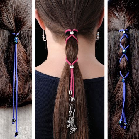 Hair Wraps Jewelry | How To Hair Wrap FAQ | Ear Curls Hair Chain Braid, How To Make Hair Jewelry, How To Make A Hair Wrap, Diy Hair Charms, Hair Chains Diy, Diy Hair Rings, Hair Wrap Ideas, Wire Hair Wrap, Leather Hair Wrap