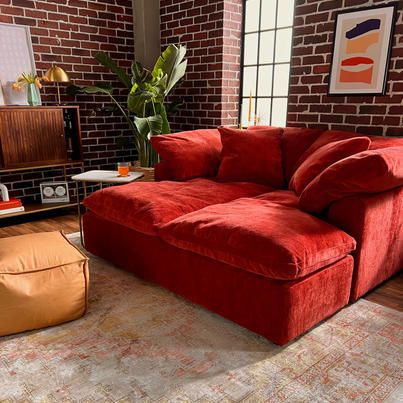 Joybird - It’s good to be home. Create a space that brings... Red Couch Living Room, Orange Couch, Red Couch, Red Sofa, Apartment Decor Inspiration, Aesthetic Rooms, House Things, Eclectic Home, Beautiful Decor