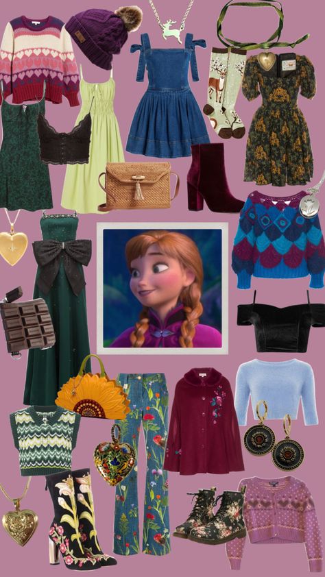 Anna #frozen #frozen2 #anna #frozenmovie #disney #disneyprincess #disneyfashionseries #disneybound #outfitinspo Princess Anna Inspired Outfit, Disney Princess Lookbook, Anna Frozen Aesthetic Outfit, Anna Frozen Inspired Outfits, Anna Outfits Disney, Anna Outfit Ideas, Modern Outfit Drawing, Anna Frozen Outfit, Anna Inspired Outfit