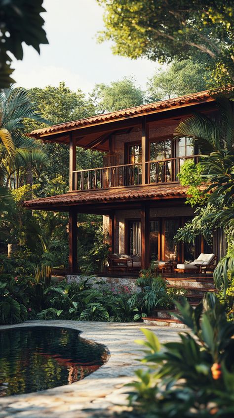 Tropical paradise with expansive windows overlooking lush gardens Tropical Hostel, Tropical Cottage, Tropical Hideaway, Tropical Homes, Florida Homes, Tropical Climate, Tropical Houses, Lush Garden, Florida Home