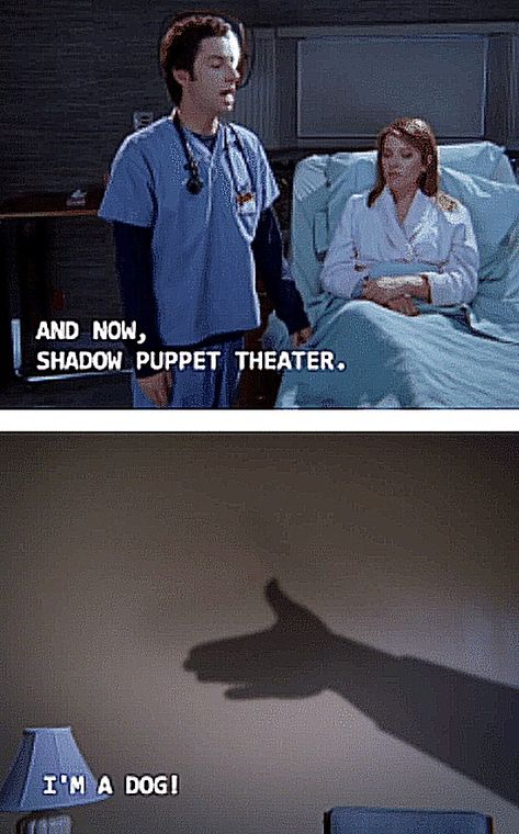 Scrubs, 6x15, “My Long Goodbye,” aired 5 April 2007. Dr. John "J.D." Dorian (Zach Braff) & Jordan Sullivan (Christa Miller). JD: “And now, shadow puppet theatre. Rowf, rowf, rowf. I’m a dog!” Jordan: “Lame.” JD: “Come on, I’m just getting started.” Christa Miller, Shadow Puppet Theatre, Jordan Sullivan, Zach Braff, Long Goodbye, Tv Miniseries, Puppet Theatre, Master Of Puppets, Puppet Theater