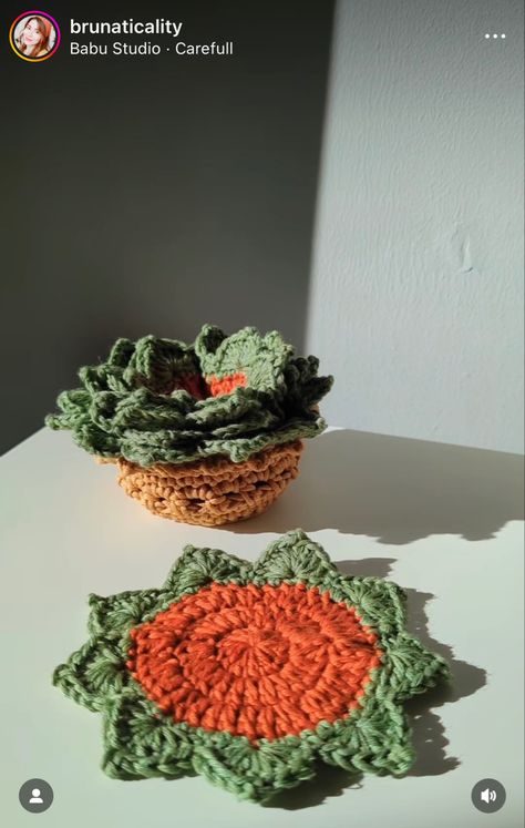 Crochet Pattern For Coasters, Coaster Basket Crochet, Sierra Plant Coaster Crochet, Succulent Plant Pot Coaster Set Crochet Pattern, Crochet Potted Plant Coaster, Crocheted Succulent Coasters, Succulent Coaster Crochet Pattern Free, Crochet Plant Coaster With Pot, Crochet Terra Cotta Pot Pattern