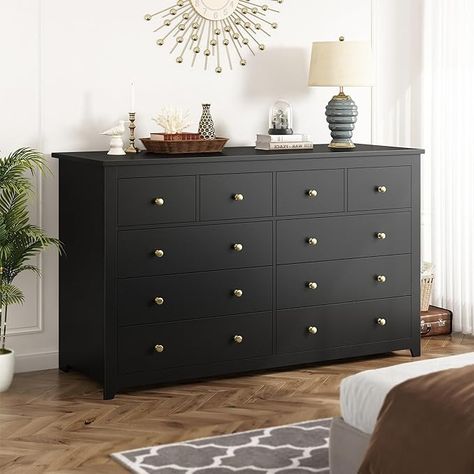 Amazon.com: EnHomee Dresser, Dresser for Bedroom with 10 Drawers Black Dresser with Smooth Metal Rail Wood Dressers & Chests of Drawers Modern Wide Dresser for Bedroom, 52.2W*15.8" D*35.8" H : Home & Kitchen Contemporary Dresser, Dresser Tv Stand, Black Dresser, Large Dresser, Black Dressers, Furniture Black, Wide Dresser, Dresser For Bedroom, Wooden Dresser