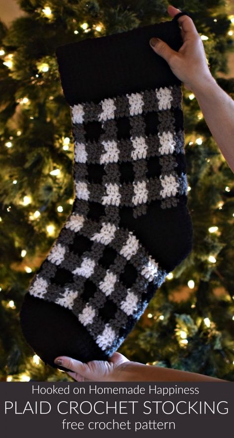 Plaid Crochet Stocking Pattern | Hooked on Homemade Happiness Stocking Pattern Crochet, Crochet Stocking Pattern, Crochet Christmas Stocking Pattern, Plaid Stockings, Plaid Crochet, Crochet Stocking, Crochet Christmas Stocking, Crochet Xmas, Christmas Stocking Pattern