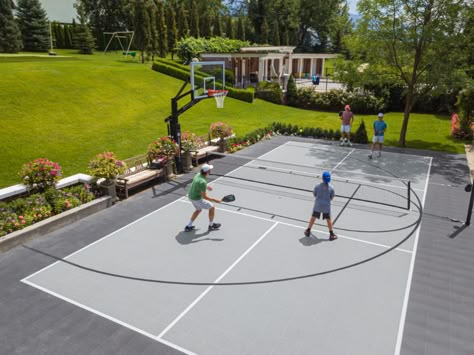 Tennis Court Backyard, Outdoor Sports Court, Backyard Court, Home Basketball Court, Basketball Court Backyard, Backyard Basketball, Backyard Sports, Outdoor Basketball Court, Pickleball Courts