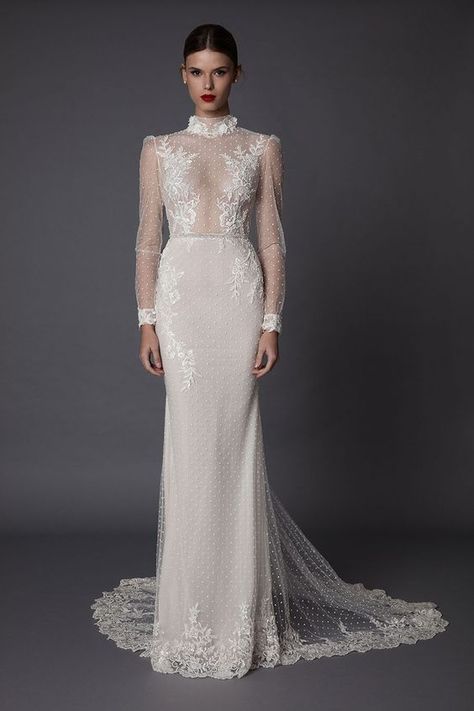 a super sexy sheath wedding dress with a turtleneck, long illusion sleeves and a sheer bodice with lace Turtleneck Wedding Dress, Muse By Berta, Baju Kahwin, Berta Wedding Dress, Embellished Wedding Dress, Berta Bridal, Pnina Tornai, White Wedding Dress, Sleeve Wedding Dress