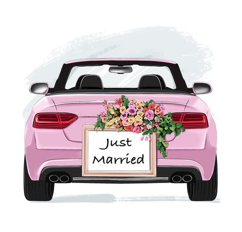 Just Married Car Illustration, Wedding Car Illustration, Just Married Car Drawing, Married Decor, Car Wedding, Just Married Car, Car Banner, Wedding Car Decorations, Wedding Card Frames