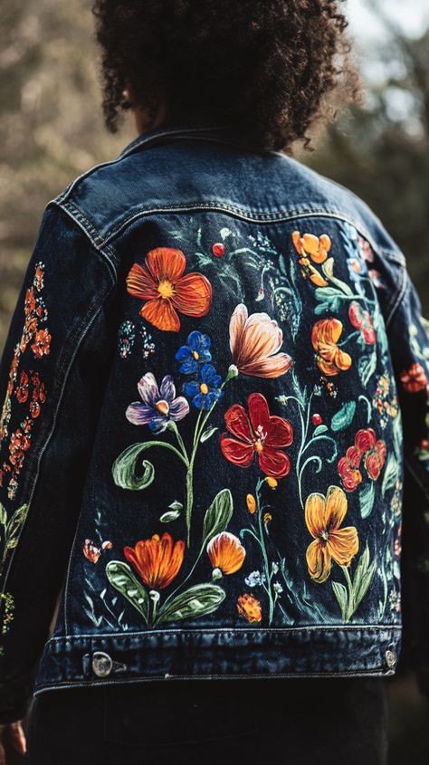 Custom hand-painted oversized denim jacket featuring whimsical floral designs, captured in natural light, shot with a Canon EOS R and 50mm f/1.2 lens for vibrant detail. Floral Painted Jean Jacket, Fabric Painting On Denim Jacket, Jean Jacket Art Ideas, Diy Jean Jacket Ideas Paint, Painted Jean Jacket Diy, Jean Jacket Painted Ideas, Hoodie Painting Ideas, Jacket Painting Ideas, Painting On Denim Jacket