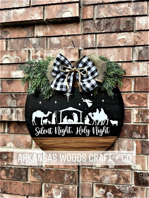 Nativity door hanger, christmas door hanger, silent night door hanger, christmas wreath, nativity decor, farmhouse christmas, o holy night Nativity Door Hanger Wooden, Nativity Scene Door Hanger, Boho Christmas Door Hanger, Trending Door Hangers, Christmas Door Sign Ideas, Round Christmas Door Hangers, Farmhouse Christmas Door Hangers, Religious Door Hangers, Nativity Door Hanger