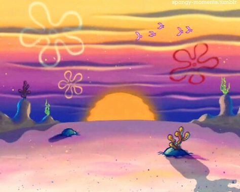 Sunset in Bikini Bottom Summer Aesthetic Cartoon, Summer Cartoon Aesthetic, Spongebob Sunset, Beach Aesthetic Cartoon, Sunset Cartoon, Spongebob Sunset Background, Spongebob Scenery Wallpaper, Spongebob Sky Painting, Spongebob Background Landscape