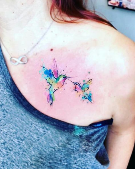 Hummingbird Clavicle Tattoo, Mom And Daughter Hummingbird Tattoo, Memorial Tattoos Mom Hummingbirds, Humming Bird Tattoo Colorful, Watercolor Hummingbird Tattoo, Humming Bird Tattoo Watercolor, Hummingbird Tattoo Watercolor, Hummingbird Flower Tattoos, Watercolor Hummingbird