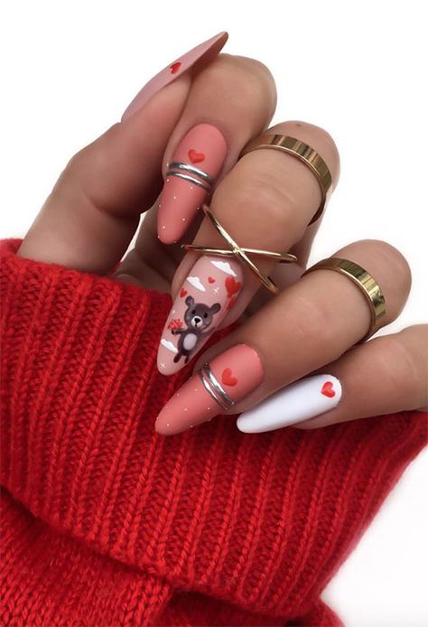 Weddig Nails, Valentine Nails Pink, Cartoon Nails, Bridesmaids Nails, Bears Nails, Retro Nails, February Nails, Cute Spring Nails, Nail Designs Valentines