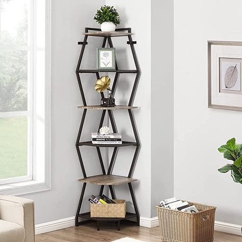 (paid link) OIOG 75 Inch Tall Corner Bookcase, Industrial Corner Ladder Shelf, Modern Corner Bookshelf for Living Room, Bedroom and Kitchen (Gray) Bookshelf For Small Spaces, Corner Ladder Shelf, Bookshelf Corner, Hallway Shelf, Shelf Industrial, Shelf Modern, Tall Bookshelves, Industrial Bookshelf, Small Bookshelf