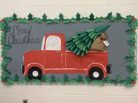 Christmas Tree Farm Classroom Decorations, Red Truck Christmas Classroom Door, Red Truck Bulletin Board, Christmas Tree Farm Bulletin Board, Christmas Tree Farm Classroom Door, Christmas Tree Farm Door Decorations, Truck Bulletin Board Ideas, Christmas Train Bulletin Board Ideas, Red Truck Christmas Bulletin Board