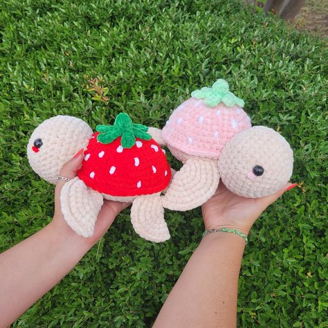 "Crochet Strawberry Turtle! These adorable strawberry turtles are the perfect gift for strawberry lovers!  Dimensions L~ 11\" W~ 5\" H~ 11\" *Safety Eyes NOT recommended for children under the age of 3." Crochet Strawberry Animals, Strawberry Turtle Crochet, Crochet Strawberry Turtle, Strawberry Turtle, Crochet Turtles, Plushie Gift, Turtle Plushie, Strawberry Crochet, Crochet Turtle Pattern